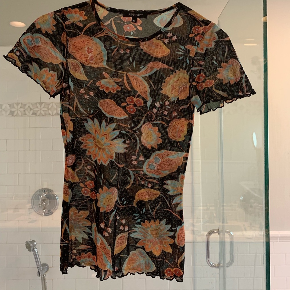 Black Mesh Shirt Pattern Retro 90s Floral Fitted
